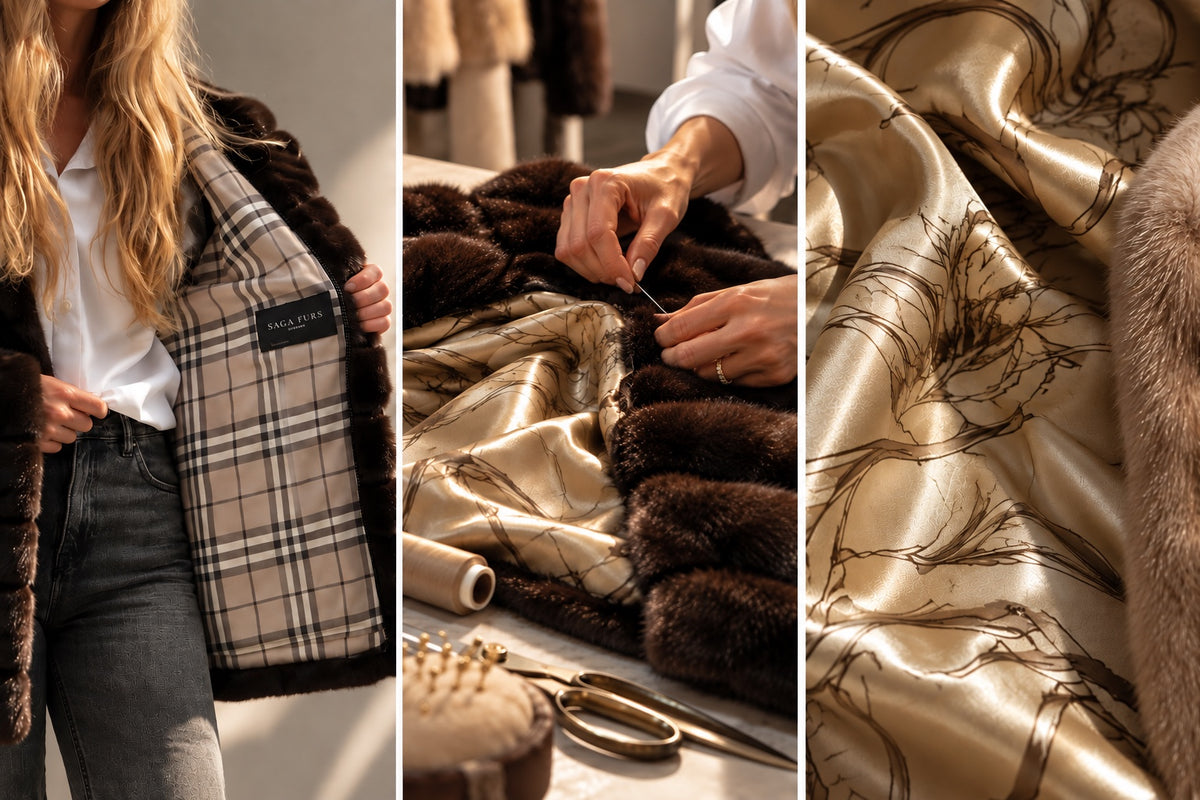 Composição editorial em três painéis: forro de casaco vintage, trabalho artesanal e detalhe do tecido