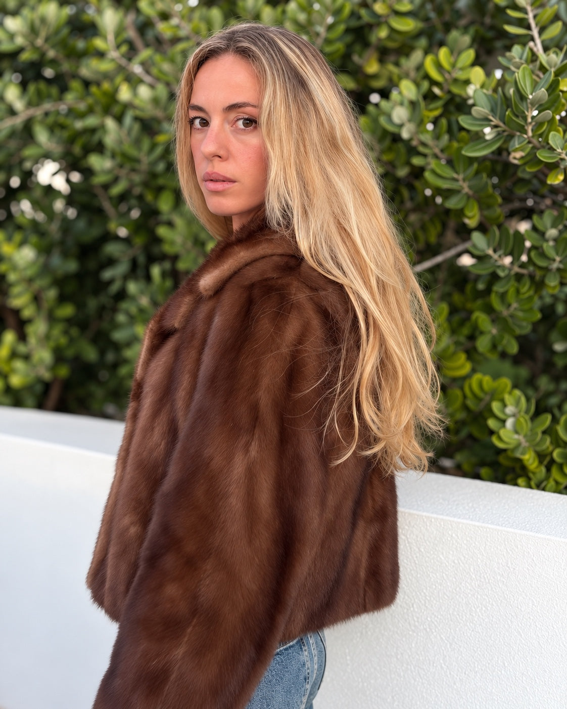 Classic camel mink coat, side view