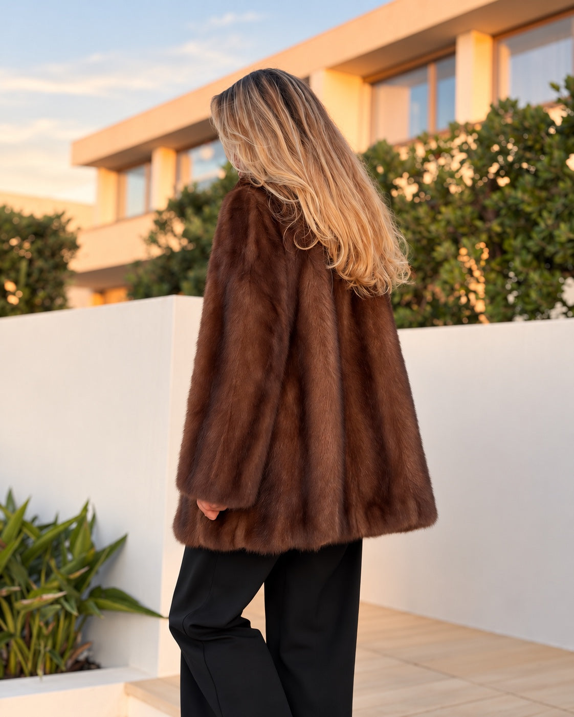 Classic brown mink coat, back view