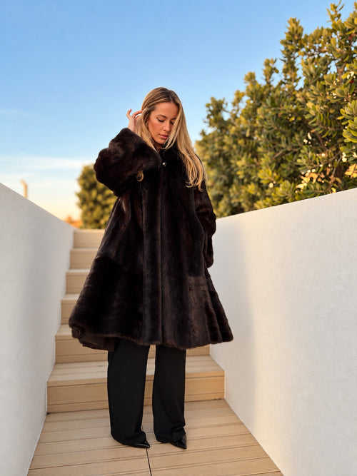 Dark brown oversized mink coat, full front view