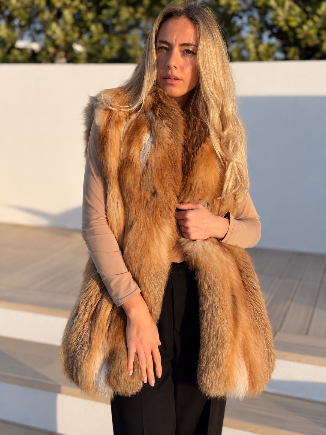 Golden fox fur vest, close front view