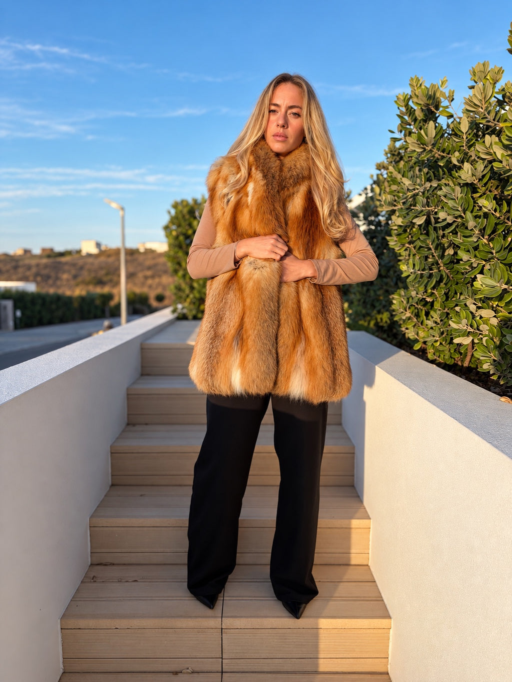 Golden fox fur vest, full front view