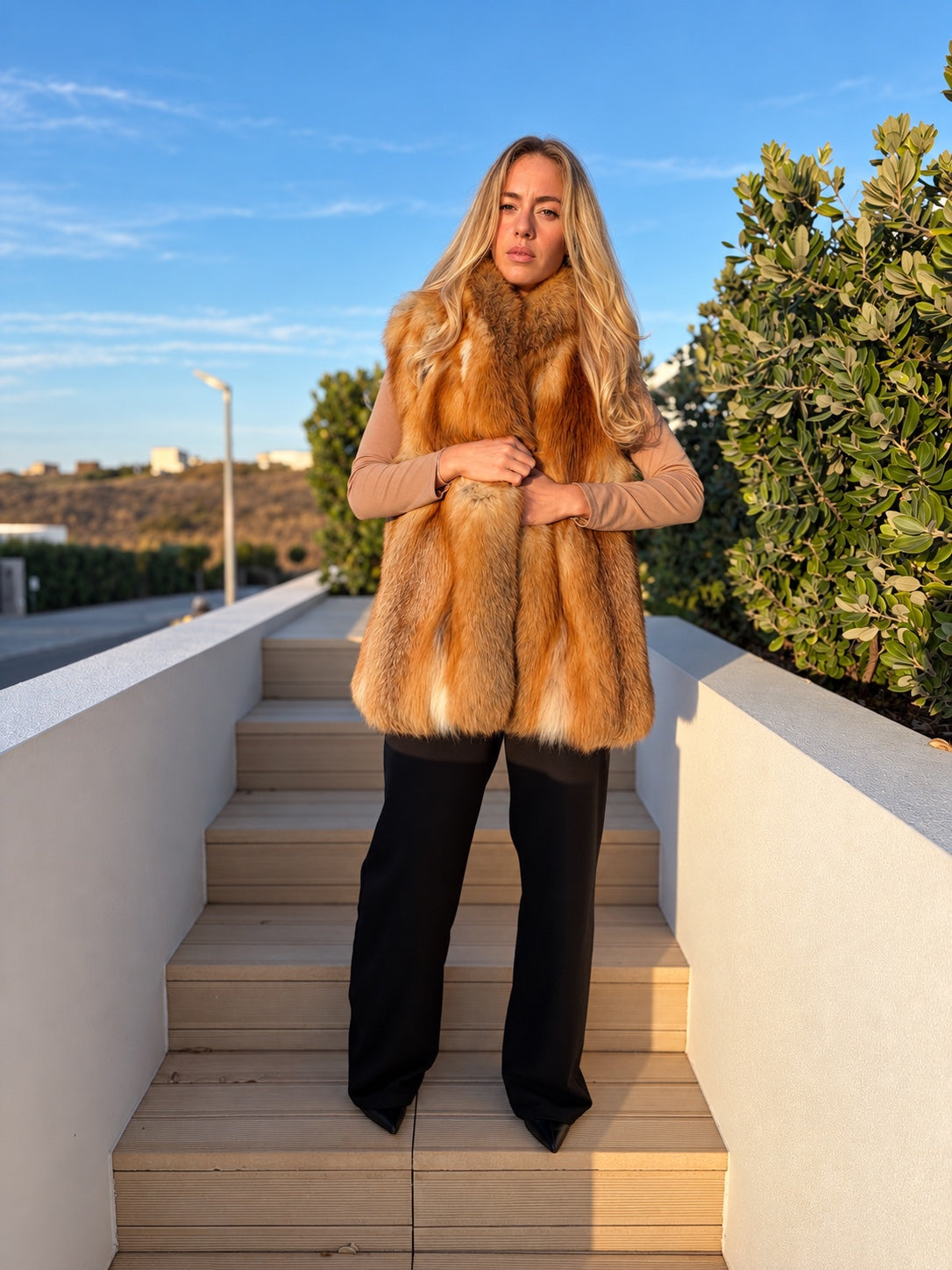 Golden fox fur vest, full front view