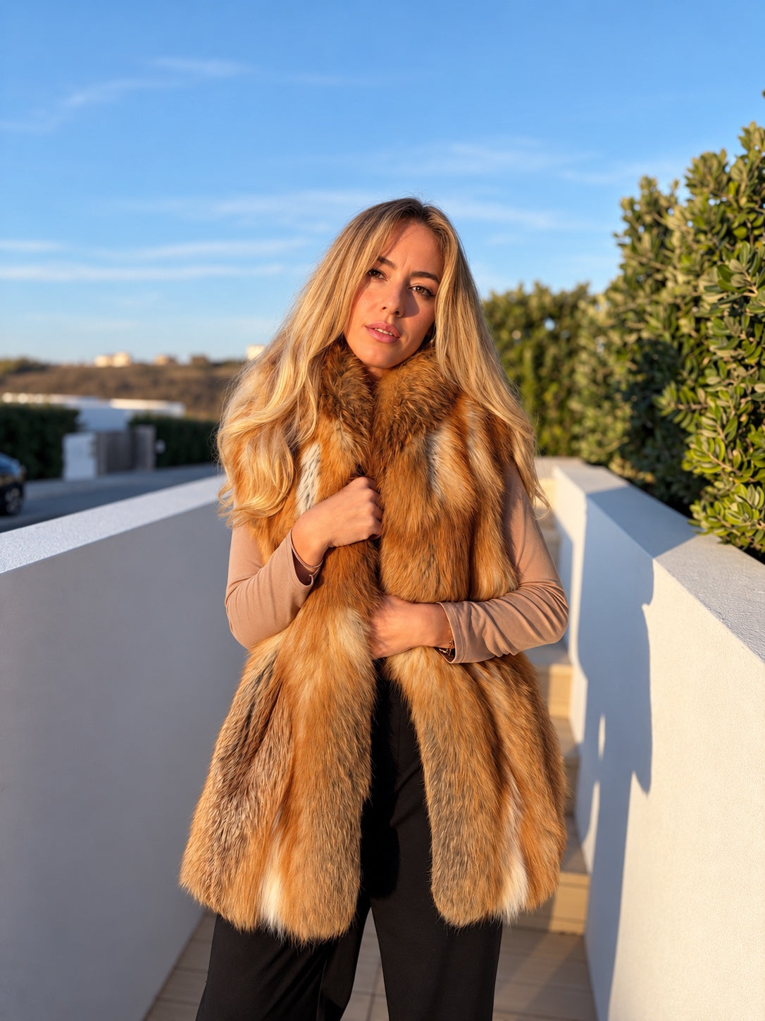 Golden fox fur vest, front side view