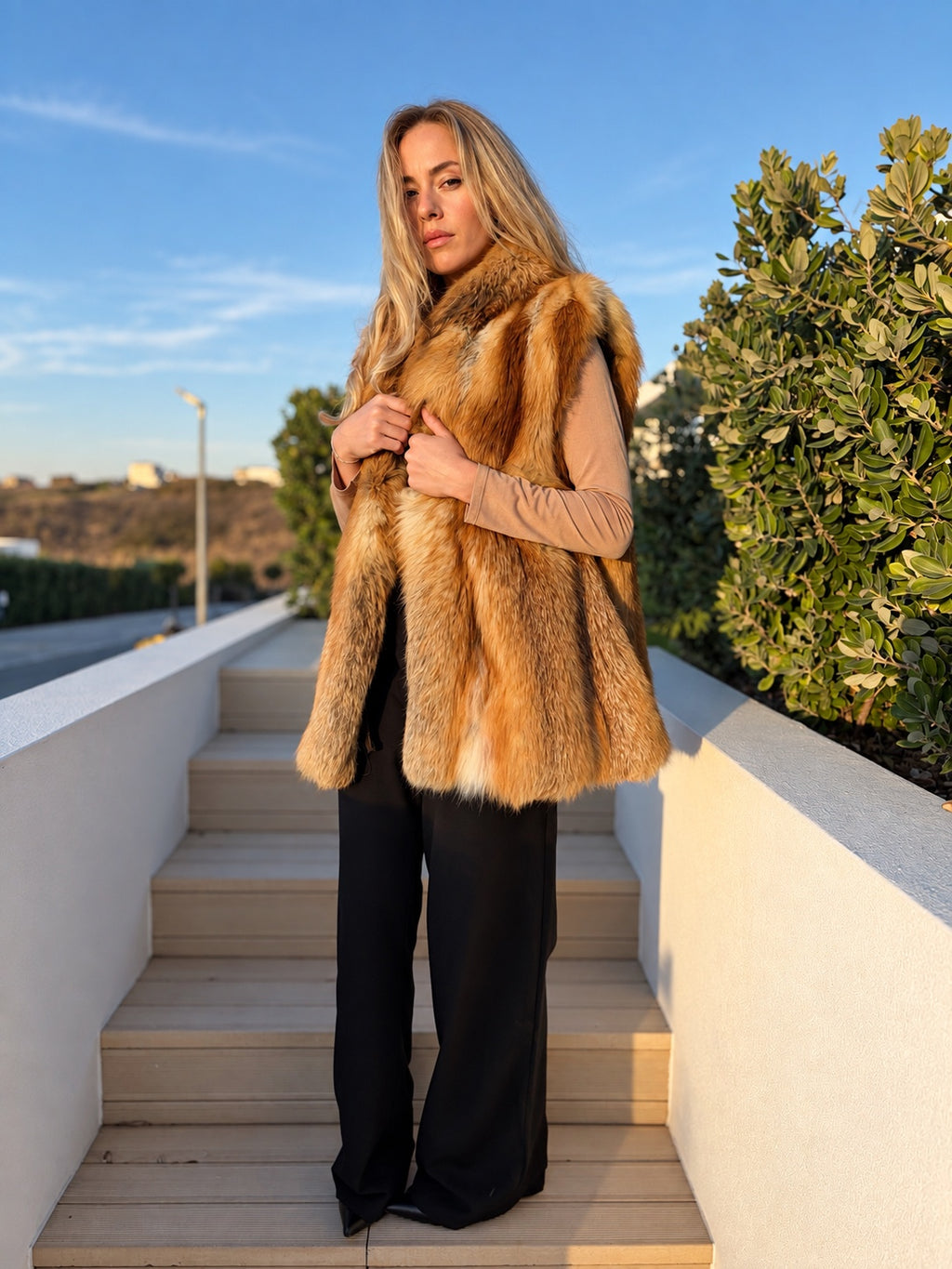 Golden fox fur vest, portrait view