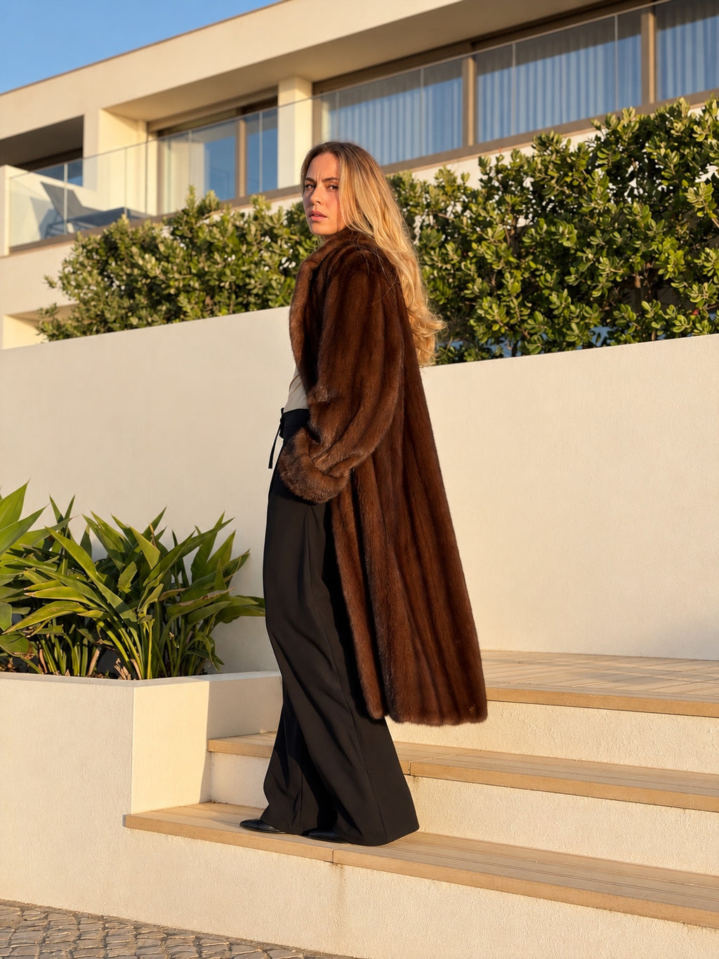 Long brown mink coat, side view