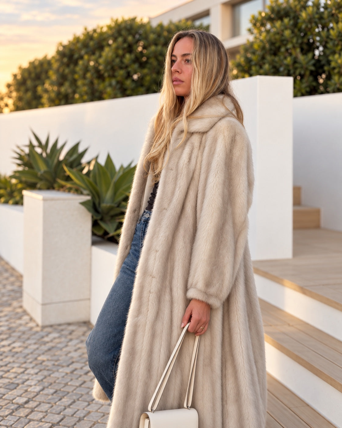 Long vintage Palomino mink coat, side view